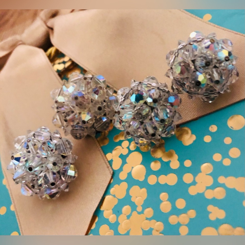 Vintage Clip On Earrings - Signed Laguna, Aurora Borealis Cluster Beads, 2 Sizes